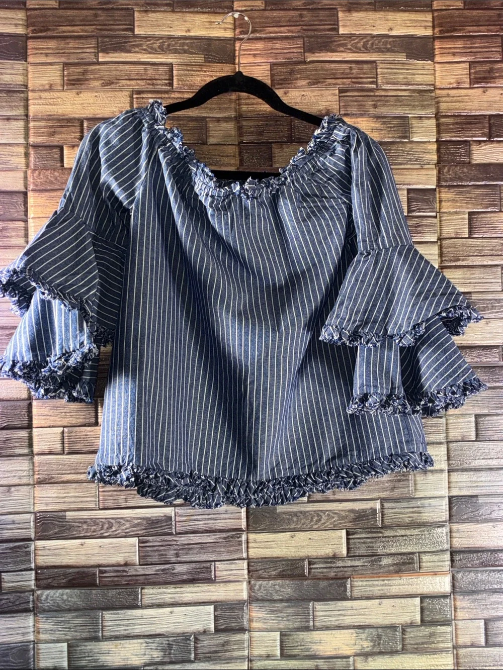 EUC Beige by Eci Stripe Bell Sleeve Blouse